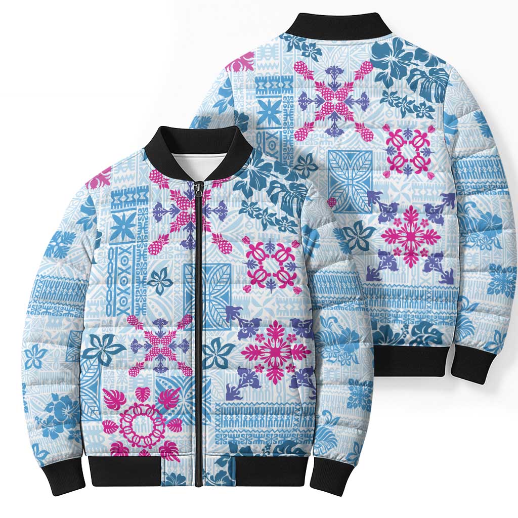 Hawaii Tapa Tribal Bomber Puffer Jacket With Hawaiian Quilt Pattern Blue LT9 - Polynesian Pride