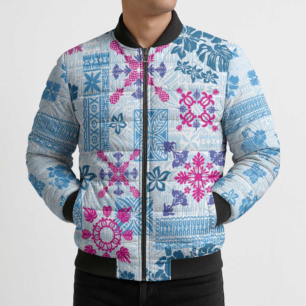 Hawaii Tapa Tribal Bomber Puffer Jacket With Hawaiian Quilt Pattern Blue LT9 - Polynesian Pride