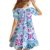Hawaii Tapa Tribal Kid Short Sleeve Dress With Hawaiian Quilt Pattern Blue LT9 - Polynesian Pride
