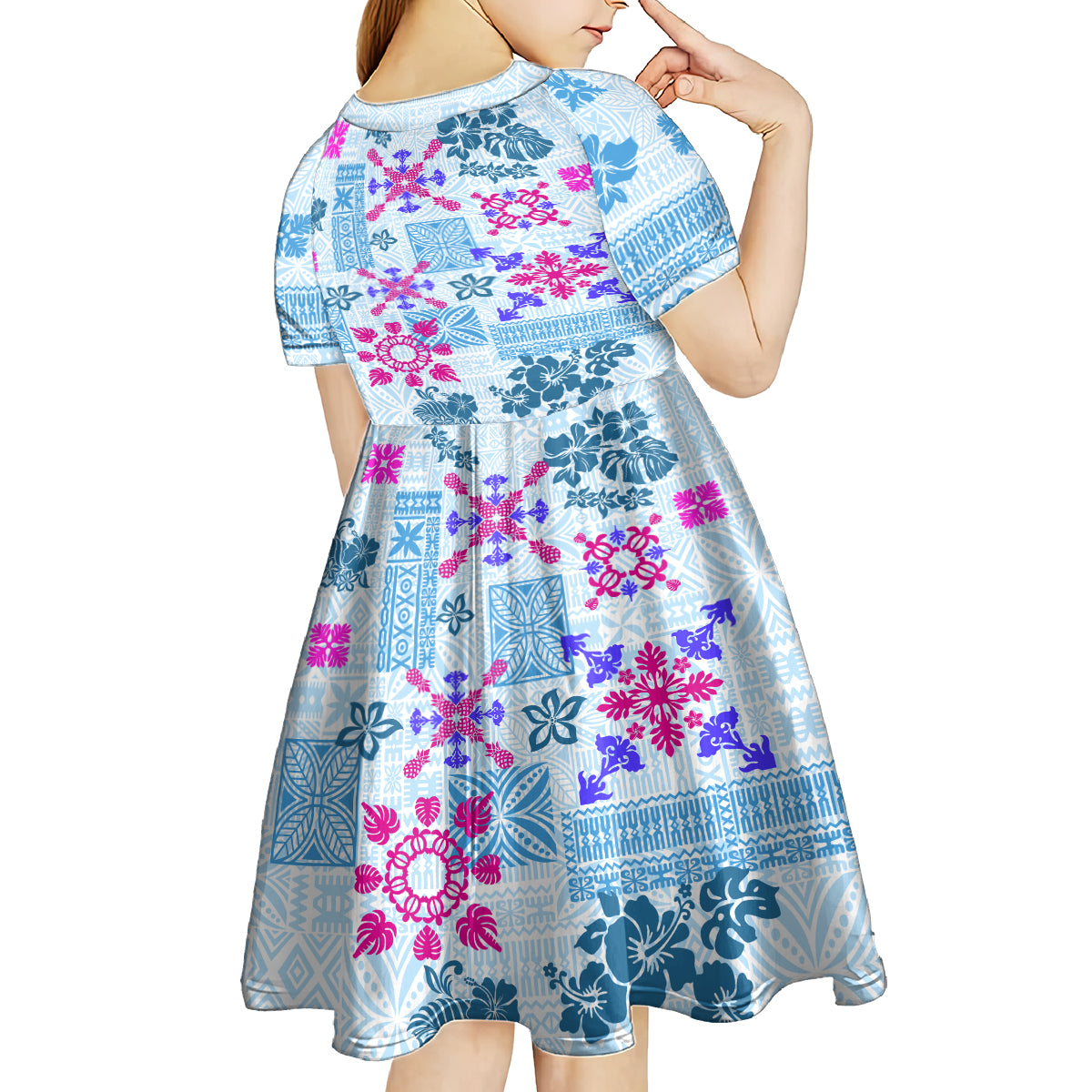 Hawaii Tapa Tribal Kid Short Sleeve Dress With Hawaiian Quilt Pattern Blue LT9 - Polynesian Pride