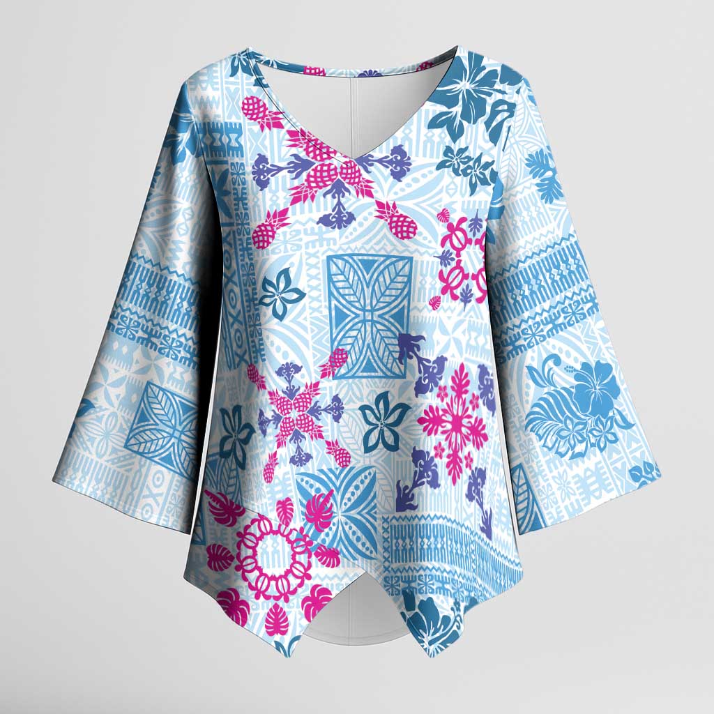 Hawaii Tapa Tribal Kimono Sleeve Blouse With Hawaiian Quilt Pattern Blue LT9 Female Blue - Polynesian Pride