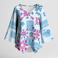 Hawaii Tapa Tribal Kimono Sleeve Blouse With Hawaiian Quilt Pattern Blue LT9 Female Blue - Polynesian Pride