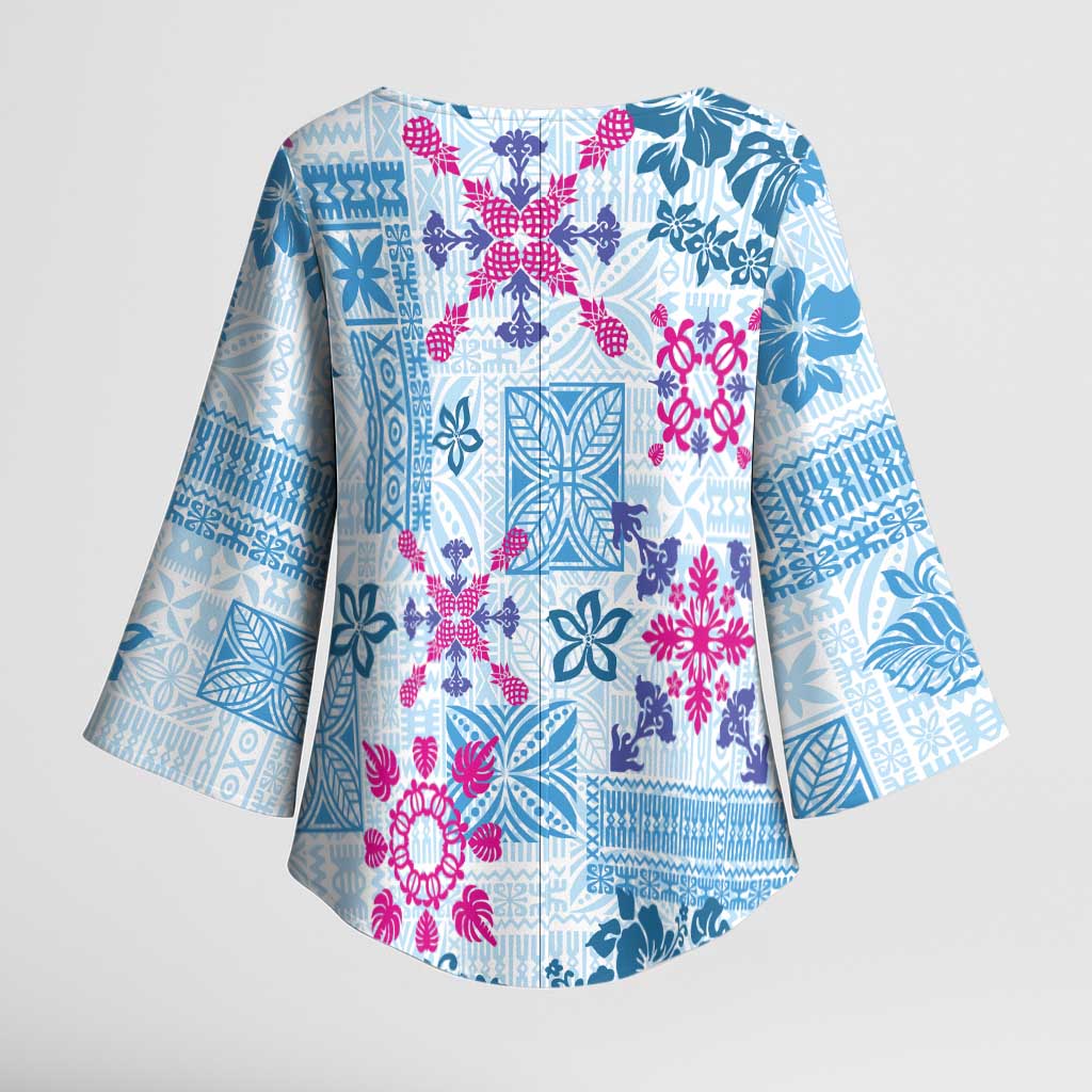 Hawaii Tapa Tribal Kimono Sleeve Blouse With Hawaiian Quilt Pattern Blue LT9 - Polynesian Pride
