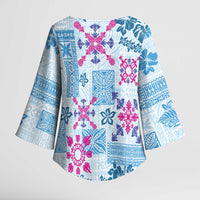 Hawaii Tapa Tribal Kimono Sleeve Blouse With Hawaiian Quilt Pattern Blue LT9 - Polynesian Pride