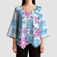 Hawaii Tapa Tribal Kimono Sleeve Blouse With Hawaiian Quilt Pattern Blue LT9 - Polynesian Pride