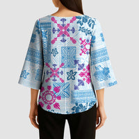 Hawaii Tapa Tribal Kimono Sleeve Blouse With Hawaiian Quilt Pattern Blue LT9 - Polynesian Pride