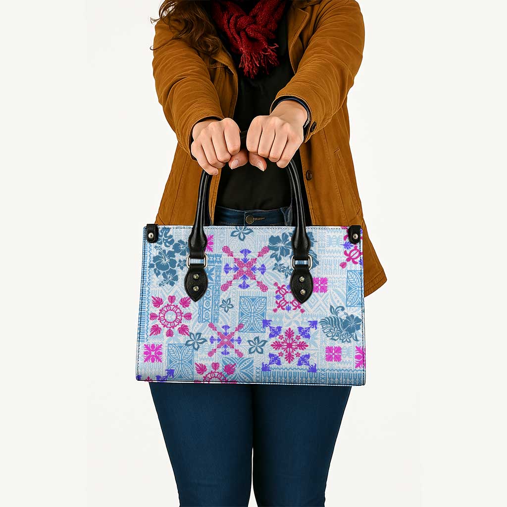 Hawaii Tapa Tribal Leather Bag With Hawaiian Quilt Pattern Blue LT9 - Polynesian Pride