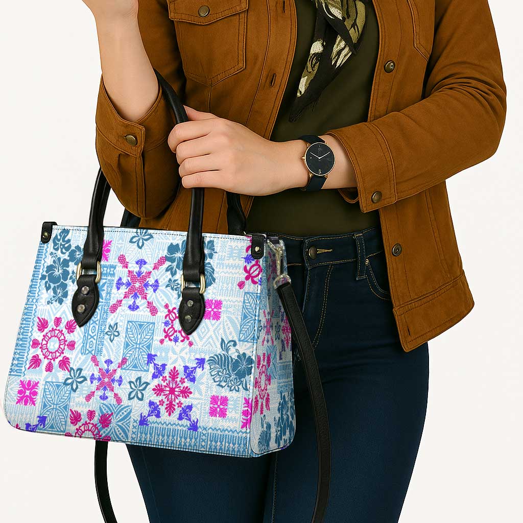 Hawaii Tapa Tribal Leather Bag With Hawaiian Quilt Pattern Blue LT9 - Polynesian Pride