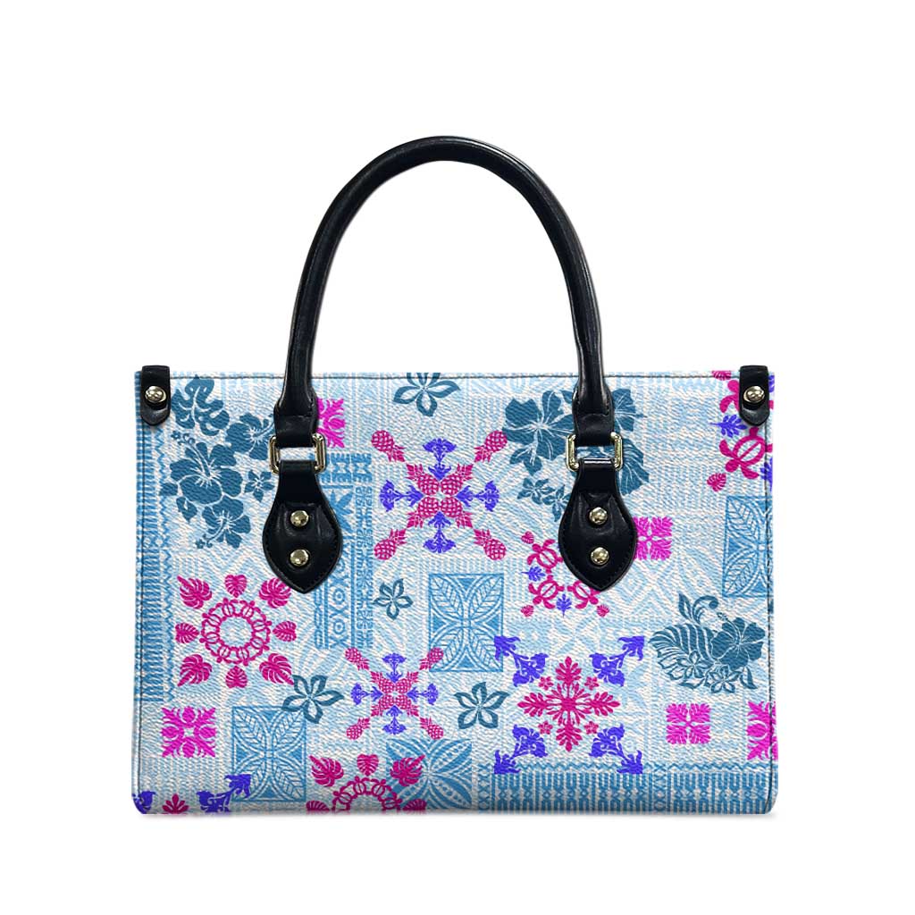 Hawaii Tapa Tribal Leather Bag With Hawaiian Quilt Pattern Blue LT9 - Polynesian Pride