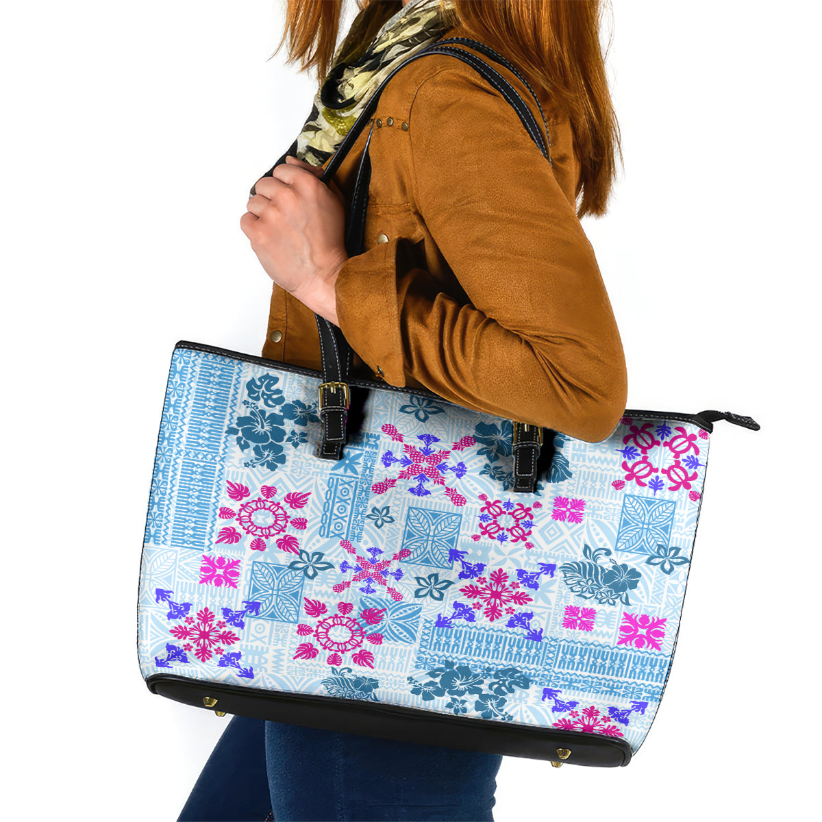 Hawaii Tapa Tribal Leather Tote Bag With Hawaiian Quilt Pattern Blue LT9 Blue - Polynesian Pride