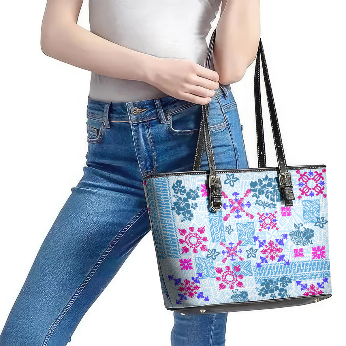 Hawaii Tapa Tribal Leather Tote Bag With Hawaiian Quilt Pattern Blue LT9 - Polynesian Pride