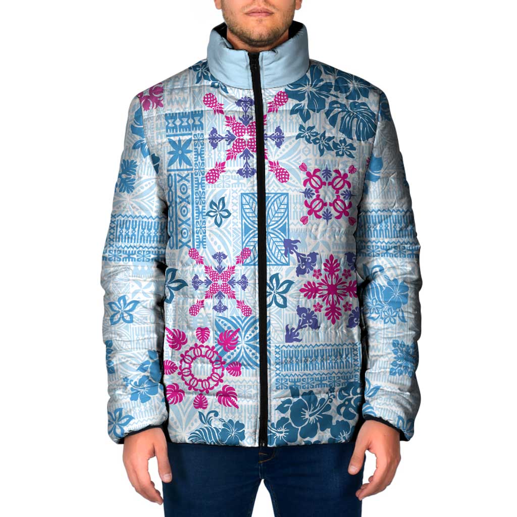 Hawaii Tapa Tribal Padded Jacket With Hawaiian Quilt Pattern Blue LT9 Men Blue - Polynesian Pride