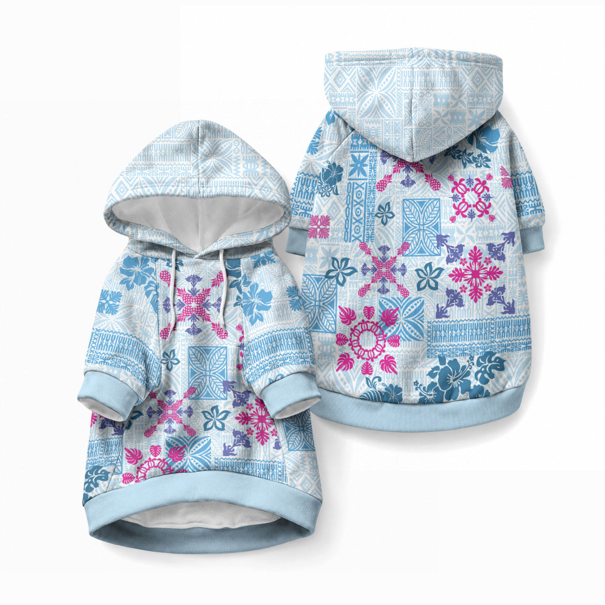 Hawaii Tapa Tribal Pet Hoodie With Hawaiian Quilt Pattern Blue LT9 Pullover Blue - Polynesian Pride