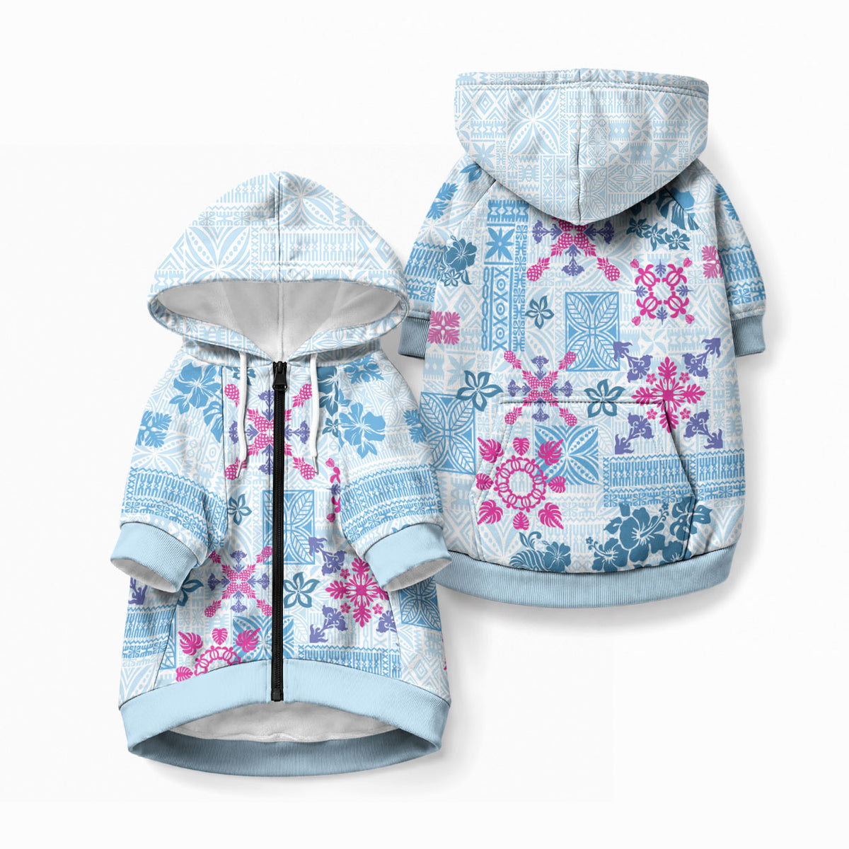 Hawaii Tapa Tribal Pet Hoodie With Hawaiian Quilt Pattern Blue LT9 Zip-up Blue - Polynesian Pride