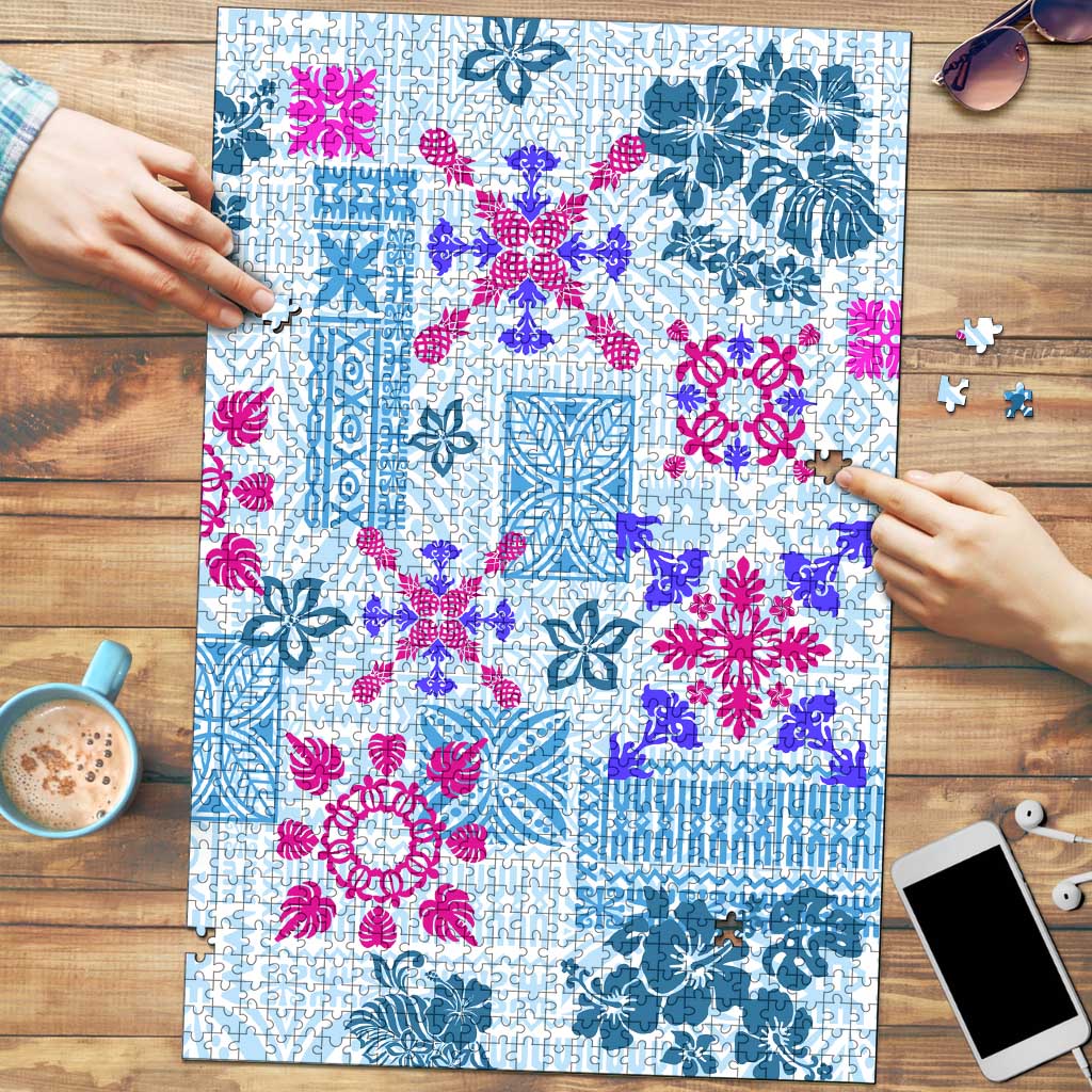 Hawaii Tapa Tribal Puzzle With Hawaiian Quilt Pattern Blue LT9 Blue - Polynesian Pride