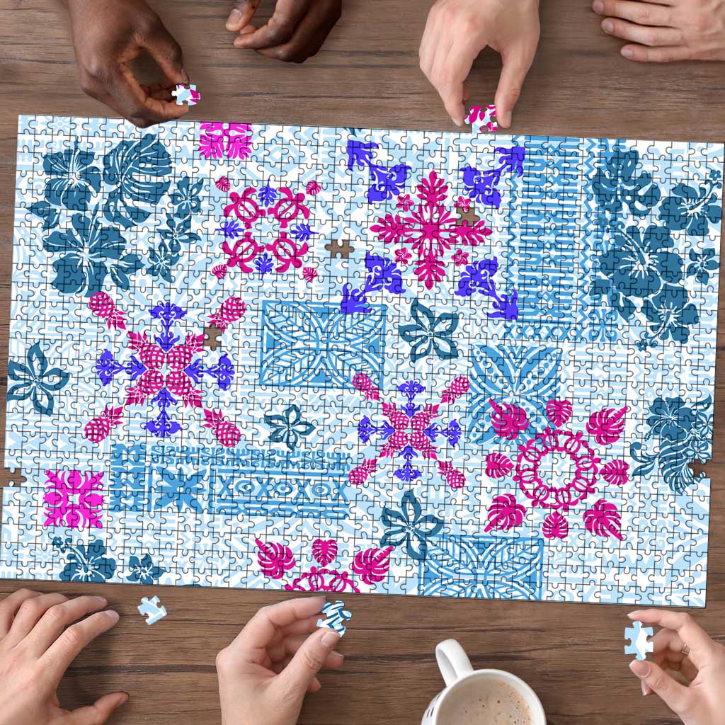 Hawaii Tapa Tribal Puzzle With Hawaiian Quilt Pattern Blue LT9 - Polynesian Pride