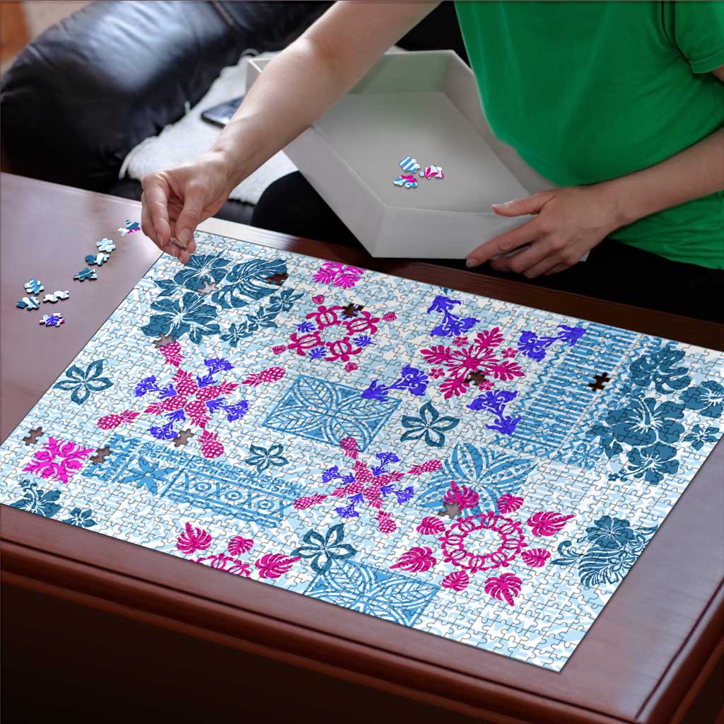 Hawaii Tapa Tribal Puzzle With Hawaiian Quilt Pattern Blue LT9 - Polynesian Pride