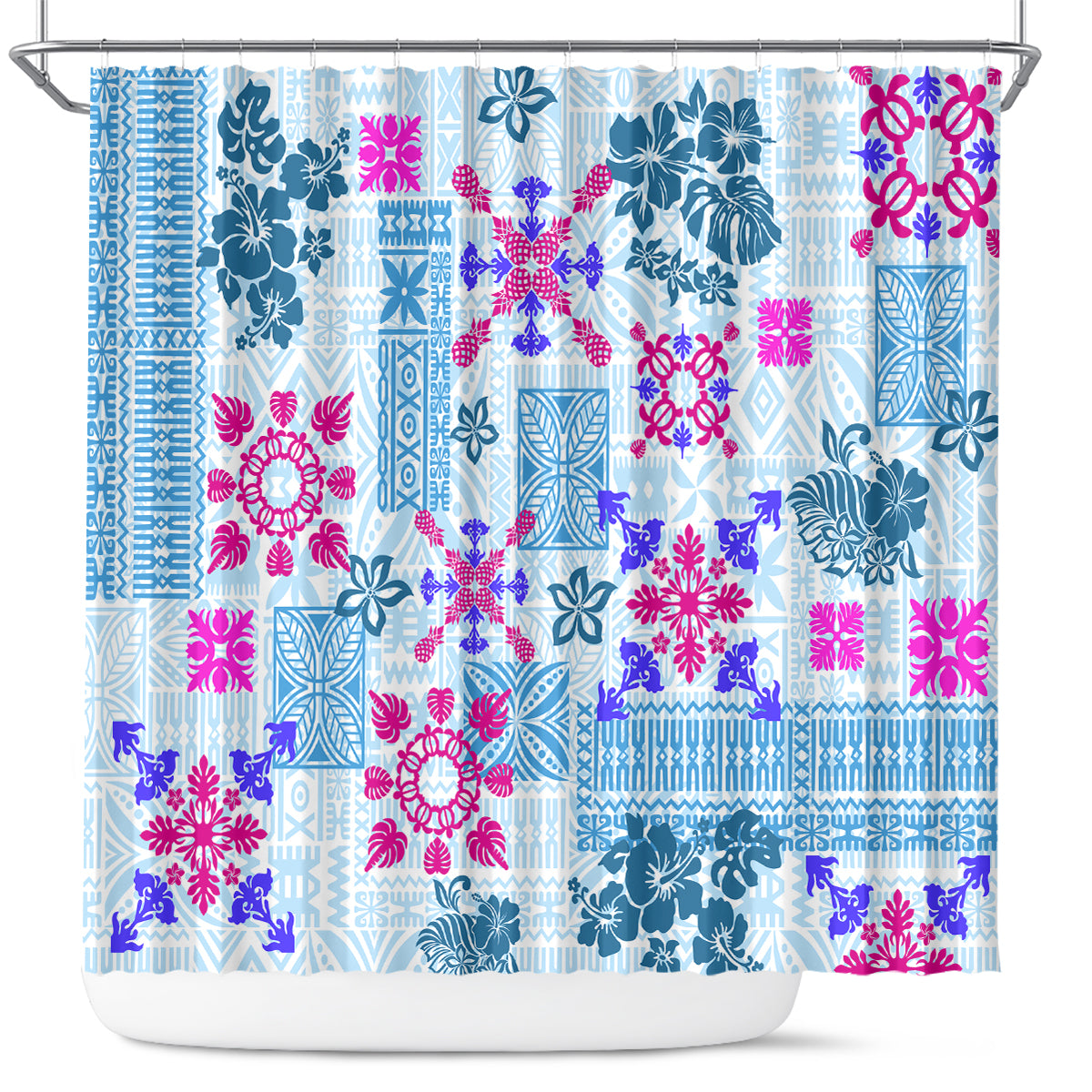 Hawaii Tapa Tribal Shower Curtain With Hawaiian Quilt Pattern Blue LT9 Blue - Polynesian Pride