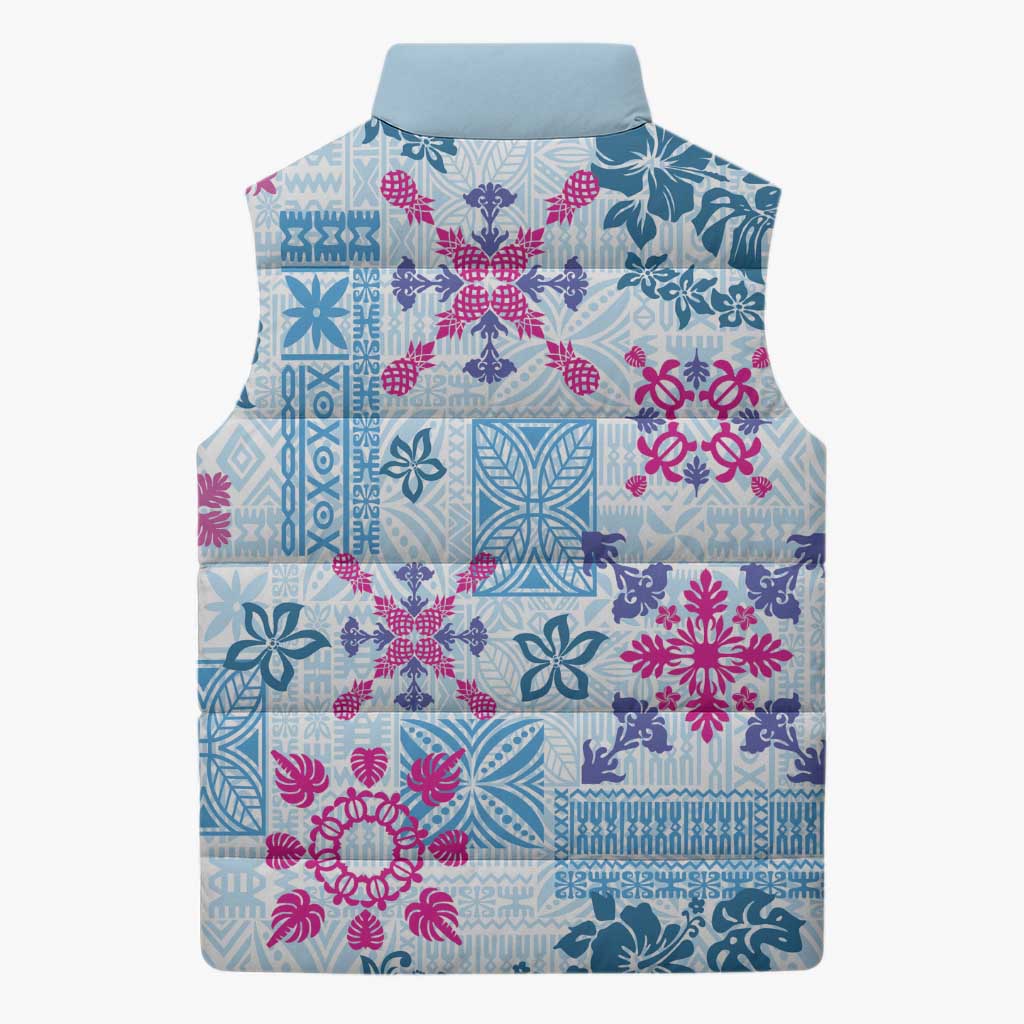 Hawaii Tapa Tribal Sleeveless Puffer Jacket With Hawaiian Quilt Pattern Blue LT9 - Polynesian Pride