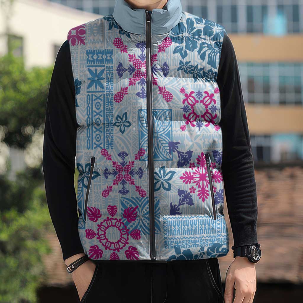 Hawaii Tapa Tribal Sleeveless Puffer Jacket With Hawaiian Quilt Pattern Blue LT9 - Polynesian Pride