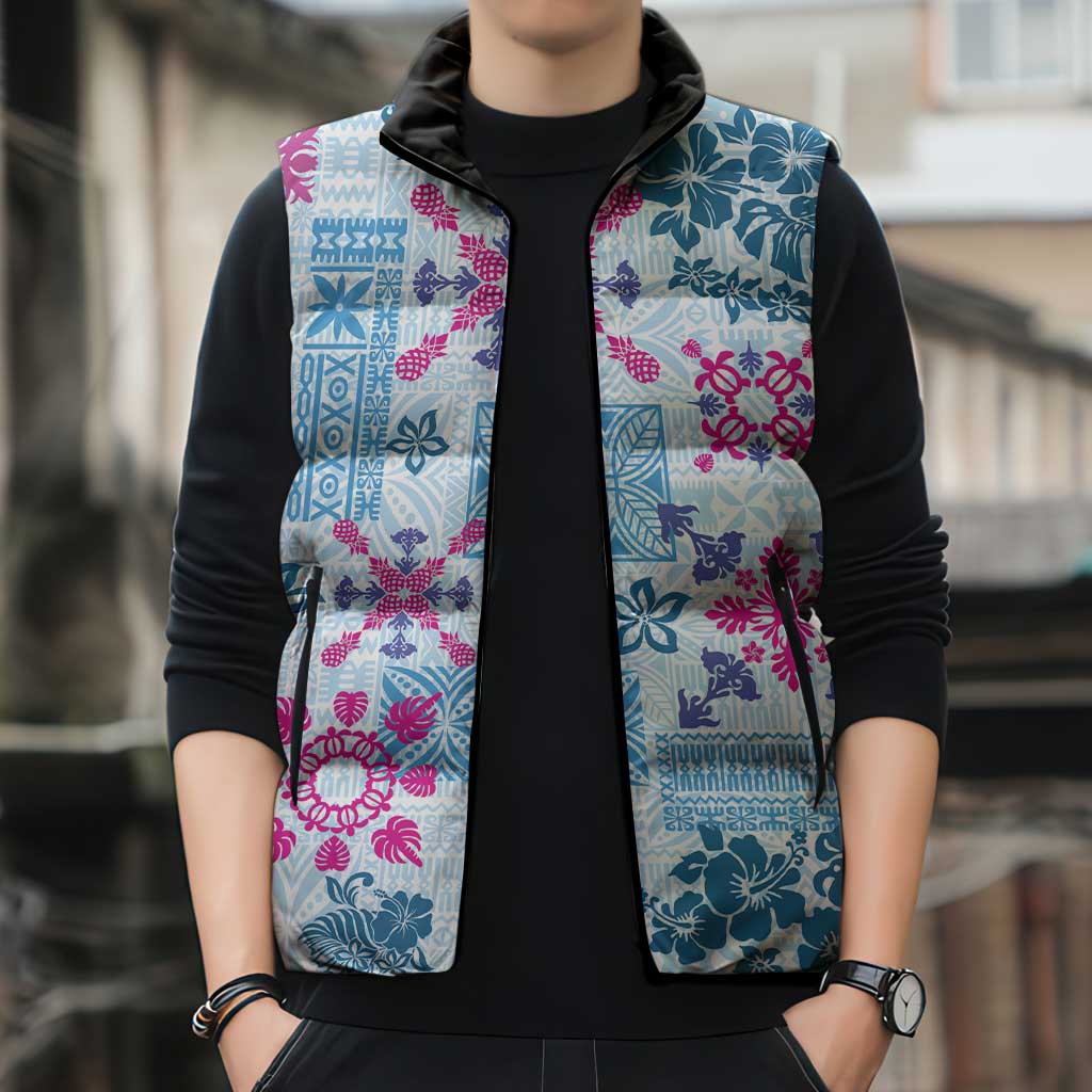 Hawaii Tapa Tribal Sleeveless Puffer Jacket With Hawaiian Quilt Pattern Blue LT9 - Polynesian Pride