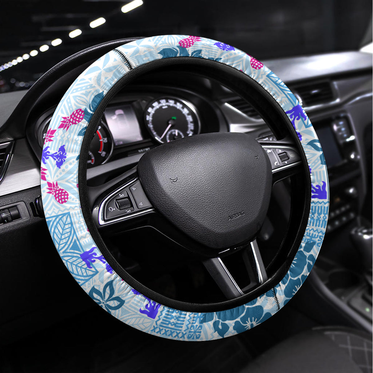 Hawaii Tapa Tribal Steering Wheel Cover With Hawaiian Quilt Pattern Blue LT9 Universal Fit Blue - Polynesian Pride
