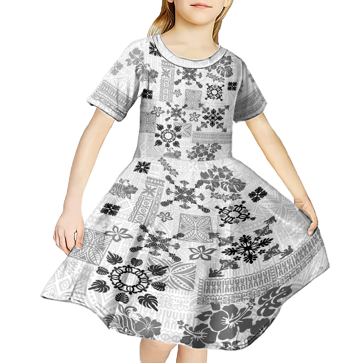 Hawaii Tapa Tribal Kid Short Sleeve Dress With Hawaiian Quilt Pattern Black LT9 - Polynesian Pride