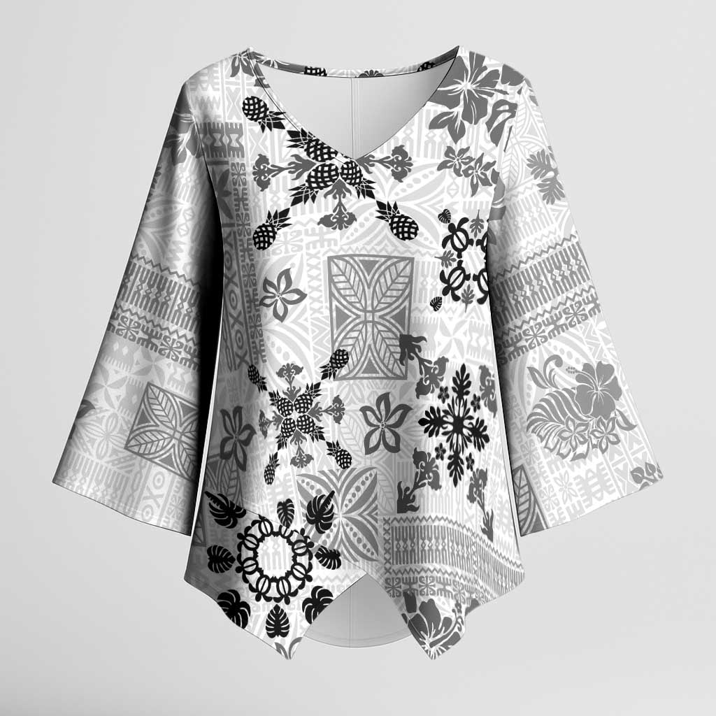 Hawaii Tapa Tribal Kimono Sleeve Blouse With Hawaiian Quilt Pattern Black LT9 Female Black - Polynesian Pride