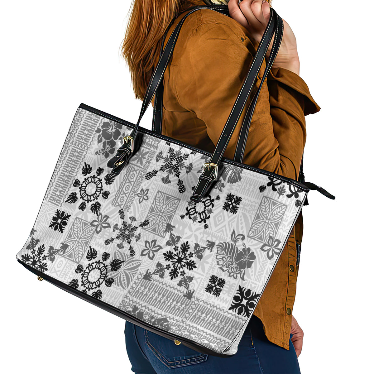 Hawaii Tapa Tribal Leather Tote Bag With Hawaiian Quilt Pattern Black LT9 - Polynesian Pride