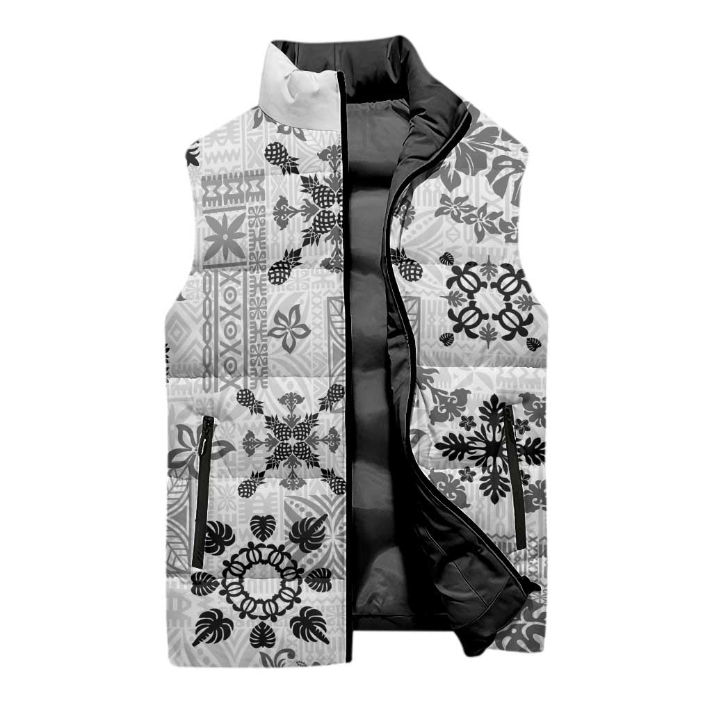 Hawaii Tapa Tribal Sleeveless Puffer Jacket With Hawaiian Quilt Pattern Black LT9 - Polynesian Pride