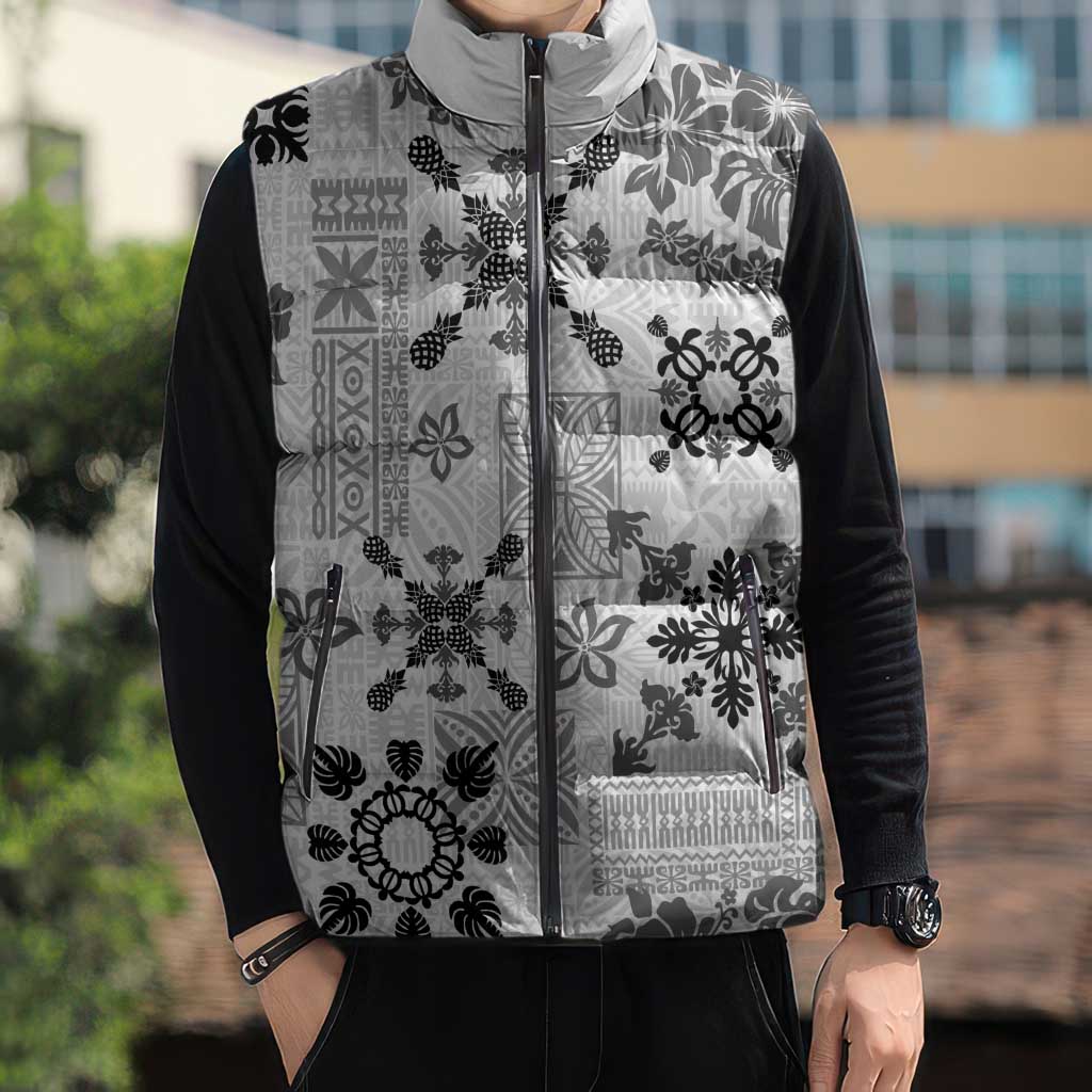 Hawaii Tapa Tribal Sleeveless Puffer Jacket With Hawaiian Quilt Pattern Black LT9 - Polynesian Pride