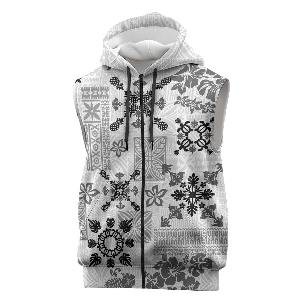 Hawaii Tapa Tribal Sleeveless Zip Hoodie With Hawaiian Quilt Pattern Black LT9 Black - Polynesian Pride