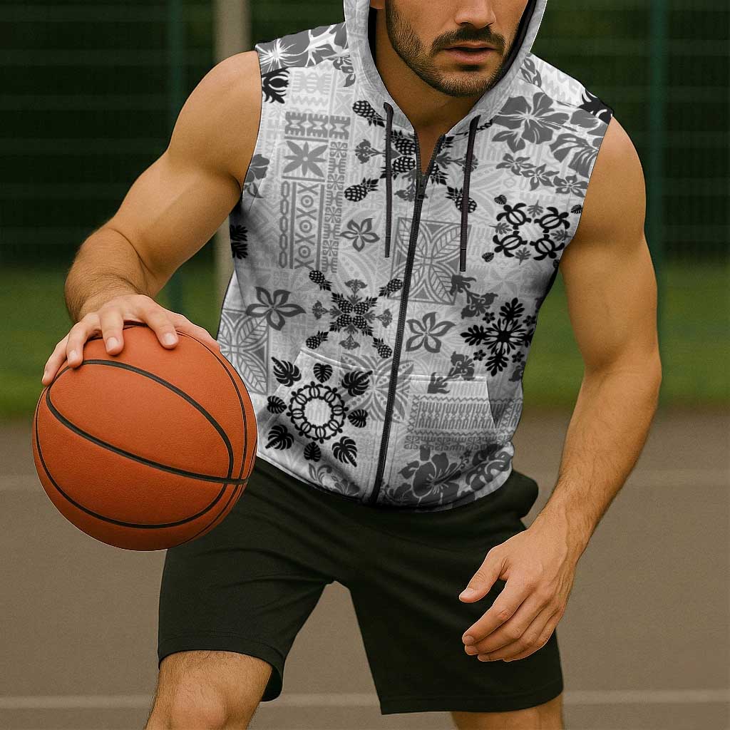 Hawaii Tapa Tribal Sleeveless Zip Hoodie With Hawaiian Quilt Pattern Black LT9 - Polynesian Pride