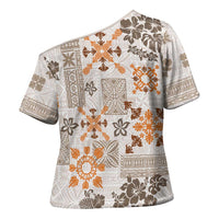 Hawaii Tapa Tribal Cross Shoulder Shirt With Hawaiian Quilt Pattern Gold LT9 - Polynesian Pride