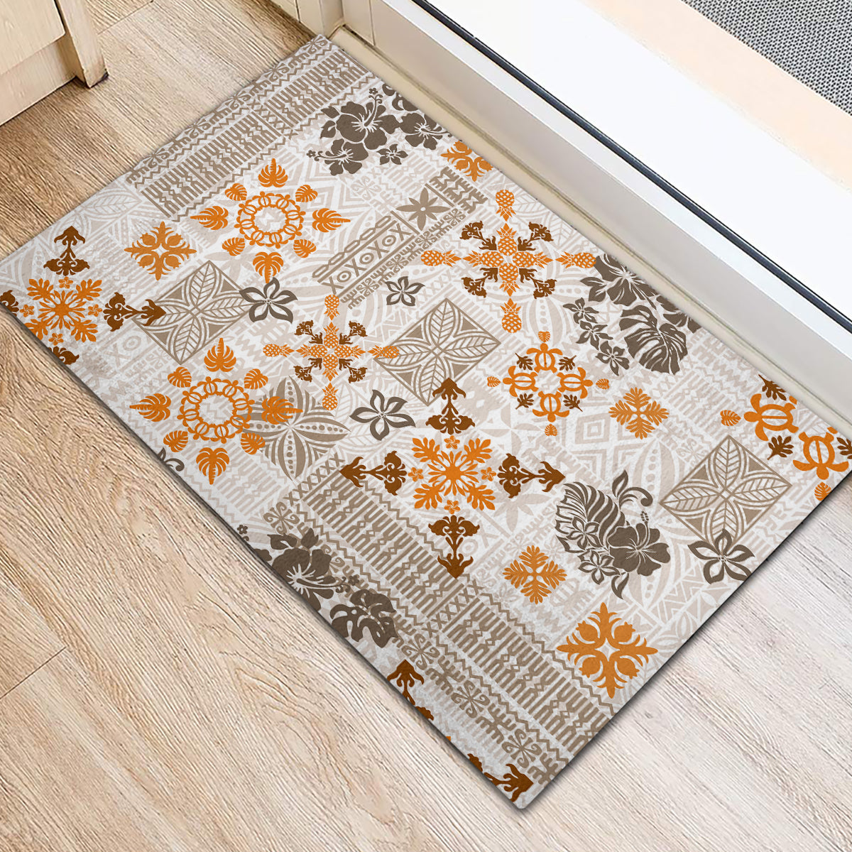 Hawaii Tapa Tribal Rubber Doormat With Hawaiian Quilt Pattern Gold LT9 - Polynesian Pride
