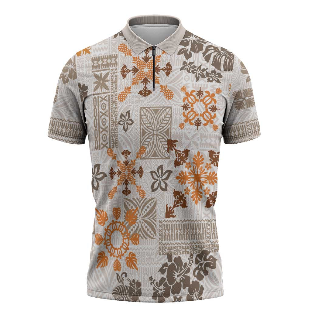 Hawaii Tapa Tribal Zipper Polo Shirt With Hawaiian Quilt Pattern Gold LT9 Gold - Polynesian Pride