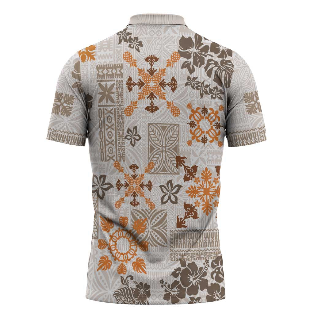 Hawaii Tapa Tribal Zipper Polo Shirt With Hawaiian Quilt Pattern Gold LT9 - Polynesian Pride