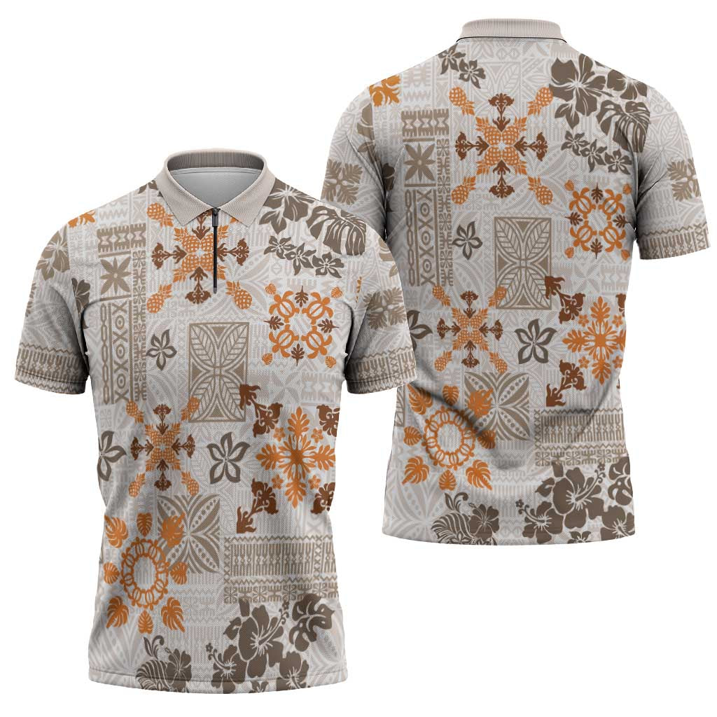 Hawaii Tapa Tribal Zipper Polo Shirt With Hawaiian Quilt Pattern Gold LT9 - Polynesian Pride