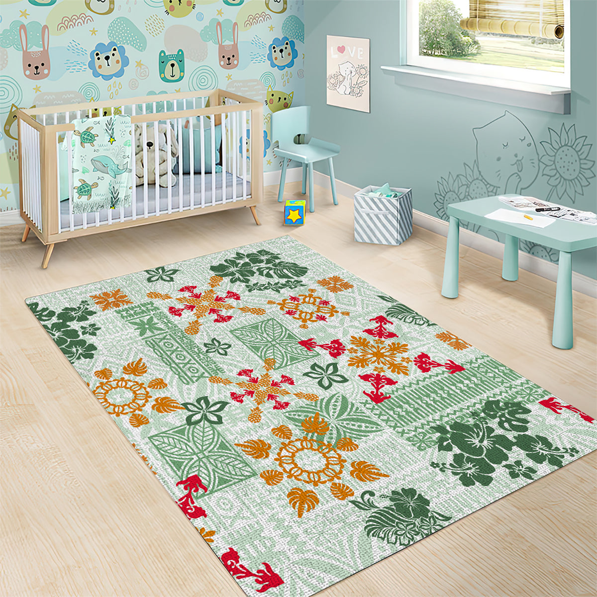 Hawaii Tapa Tribal Area Rug With Hawaiian Quilt Pattern Green LT9 - Polynesian Pride