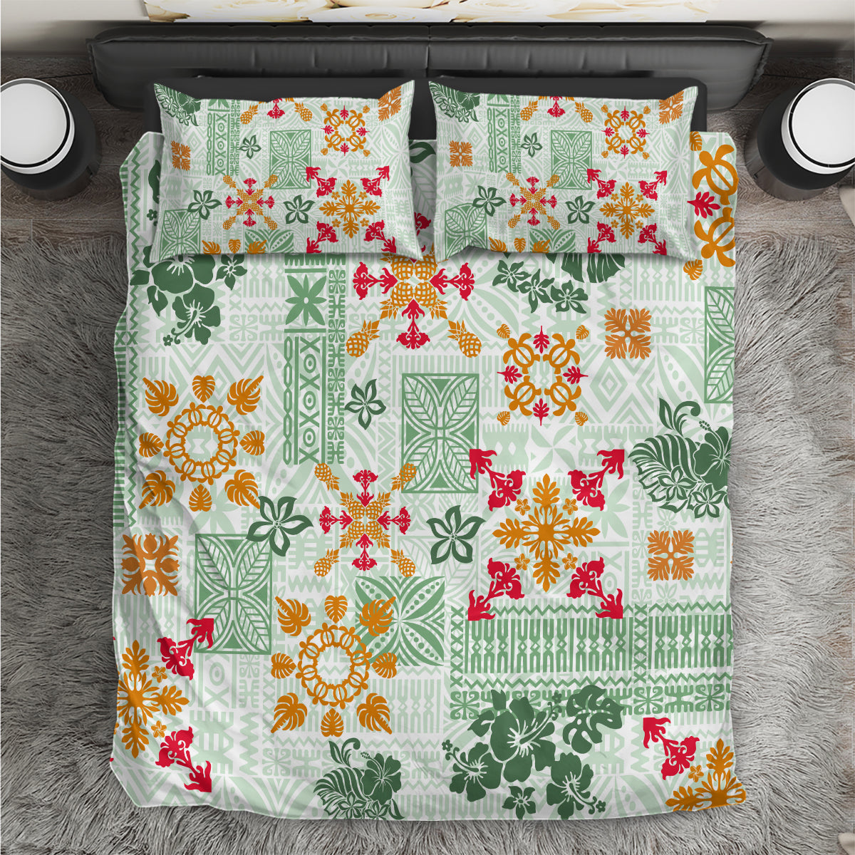 Hawaii Tapa Tribal Bedding Set With Hawaiian Quilt Pattern Green LT9 Green - Polynesian Pride