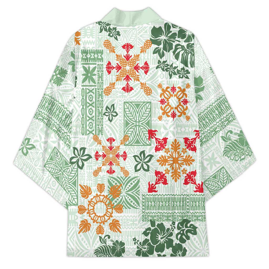 Hawaii Tapa Tribal Kimono With Hawaiian Quilt Pattern Green LT9 - Polynesian Pride