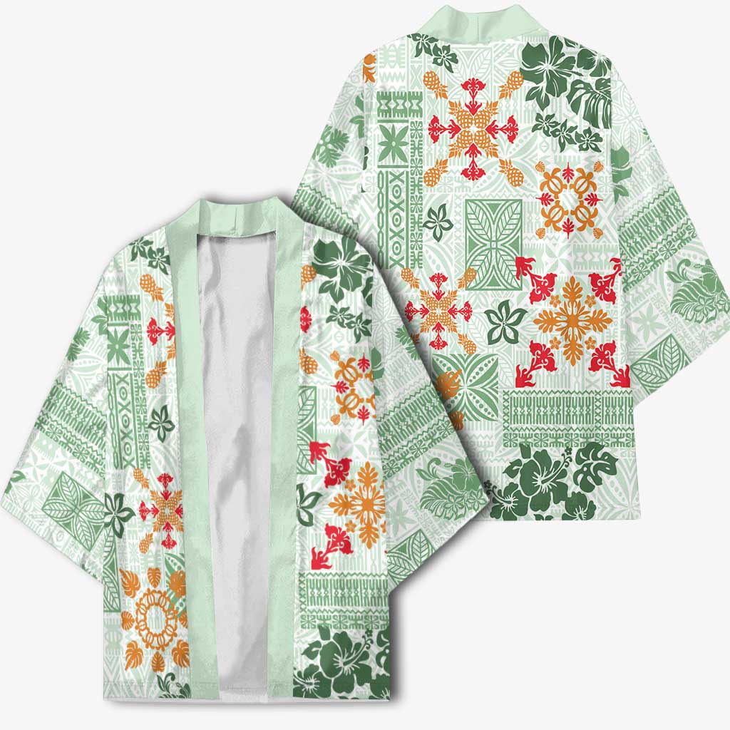 Hawaii Tapa Tribal Kimono With Hawaiian Quilt Pattern Green LT9 - Polynesian Pride