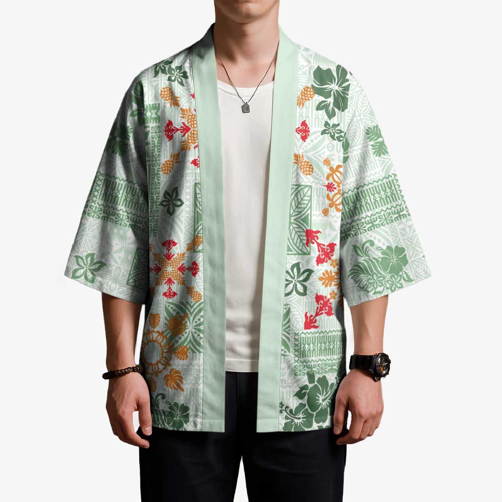 Hawaii Tapa Tribal Kimono With Hawaiian Quilt Pattern Green LT9 - Polynesian Pride