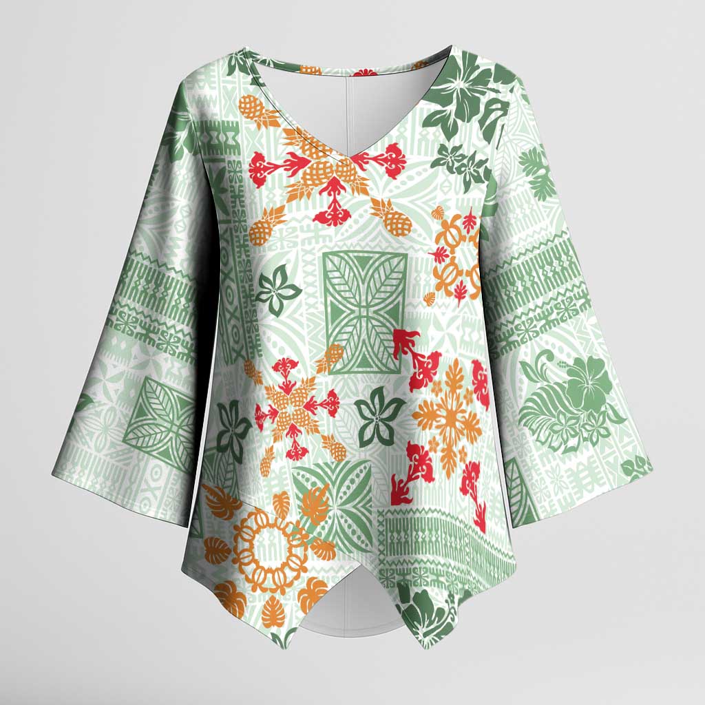 Hawaii Tapa Tribal Kimono Sleeve Blouse With Hawaiian Quilt Pattern Green LT9 Female Green - Polynesian Pride