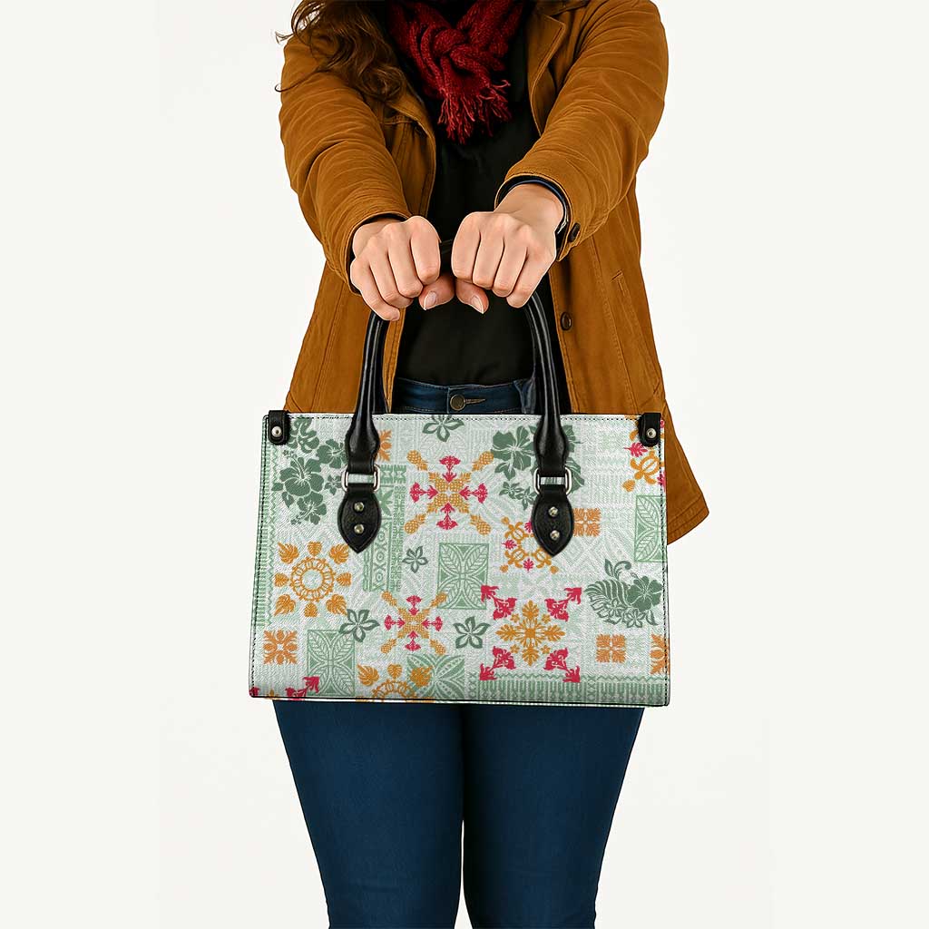 Hawaii Tapa Tribal Leather Bag With Hawaiian Quilt Pattern Green LT9 - Polynesian Pride