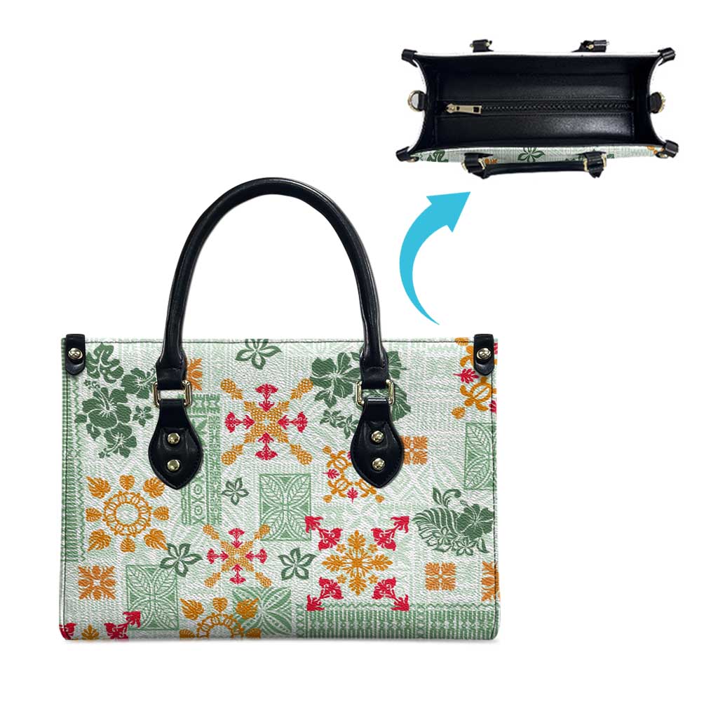 Hawaii Tapa Tribal Leather Bag With Hawaiian Quilt Pattern Green LT9 - Polynesian Pride