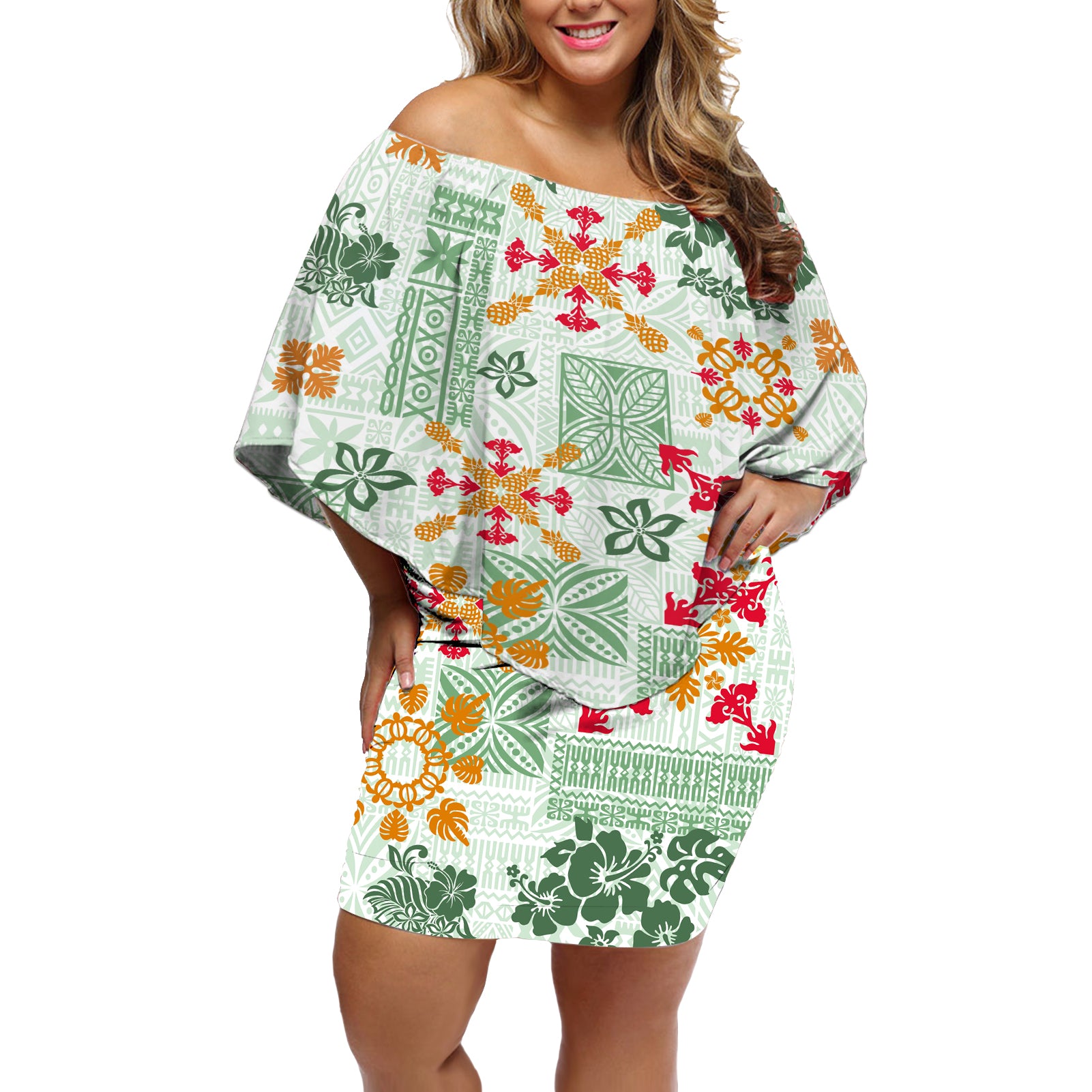 Hawaii Tapa Tribal Off Shoulder Short Dress With Hawaiian Quilt Pattern Green LT9 Women Green - Polynesian Pride