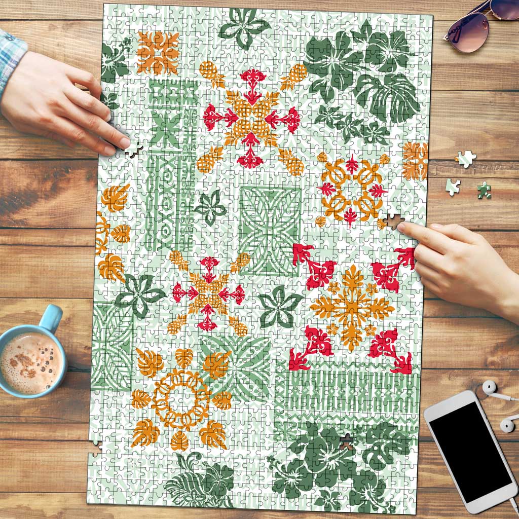 Hawaii Tapa Tribal Puzzle With Hawaiian Quilt Pattern Green LT9 Green - Polynesian Pride