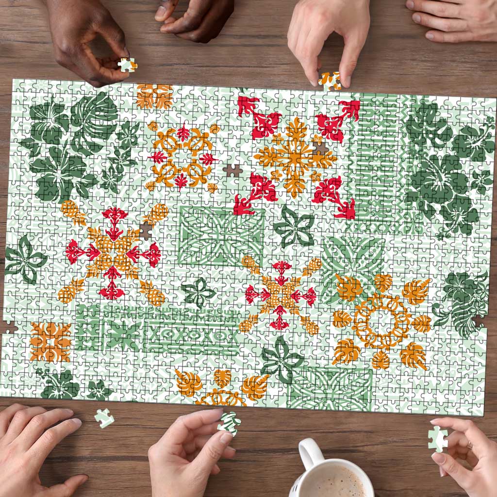 Hawaii Tapa Tribal Puzzle With Hawaiian Quilt Pattern Green LT9 - Polynesian Pride