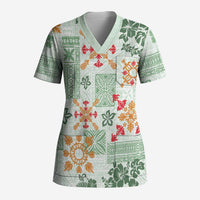Hawaii Tapa Tribal Scrub Top With Hawaiian Quilt Pattern Green LT9 Adult Green - Polynesian Pride